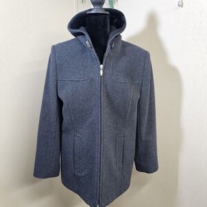 Vintage Preston & York Wool Hooded Zip Coat Small Charcoal Gray Padded Shoulders